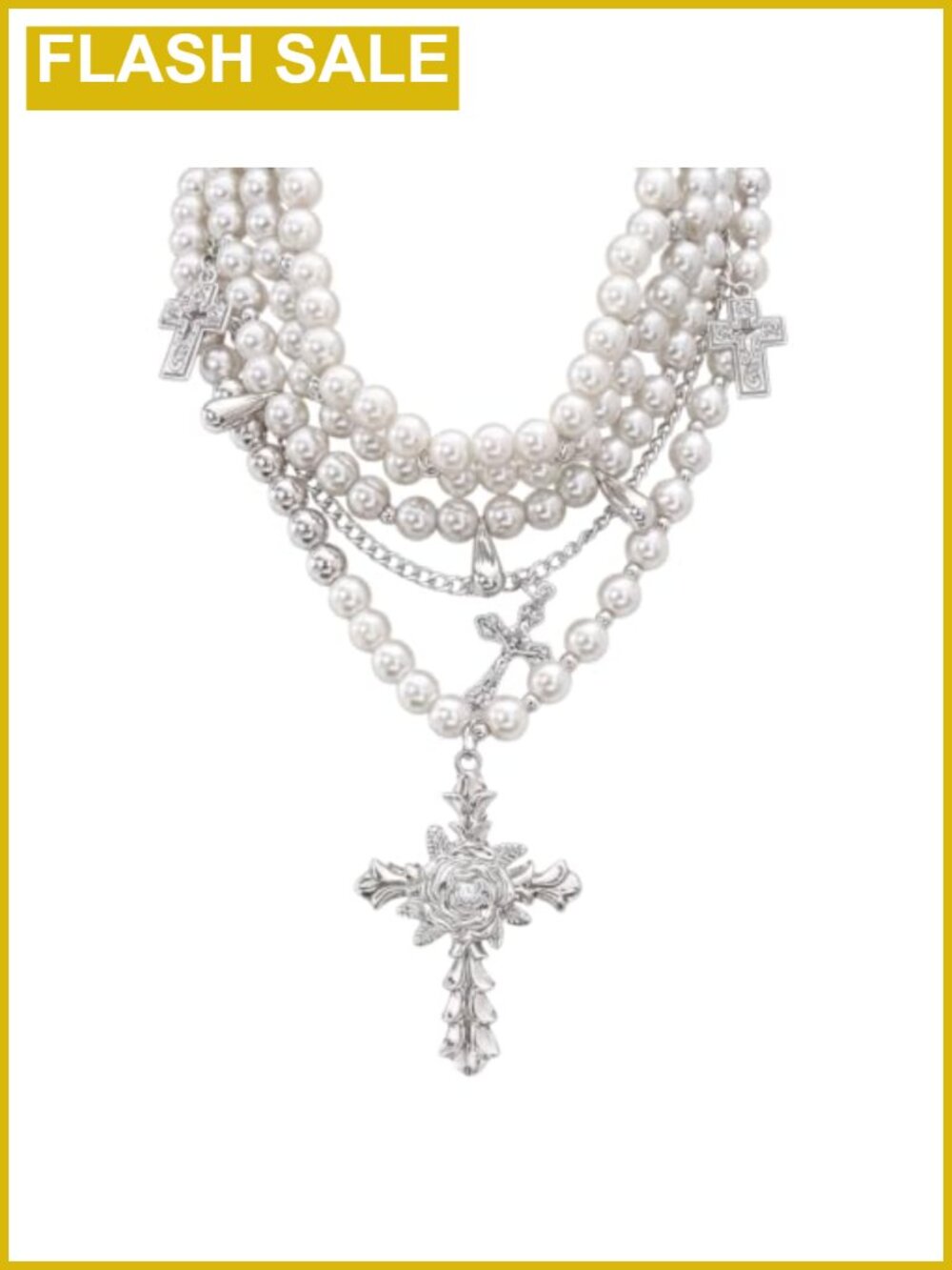 Layered Pearl Necklace Gothic Beaded Rosary Jewelry Set Silver Cross Pendant